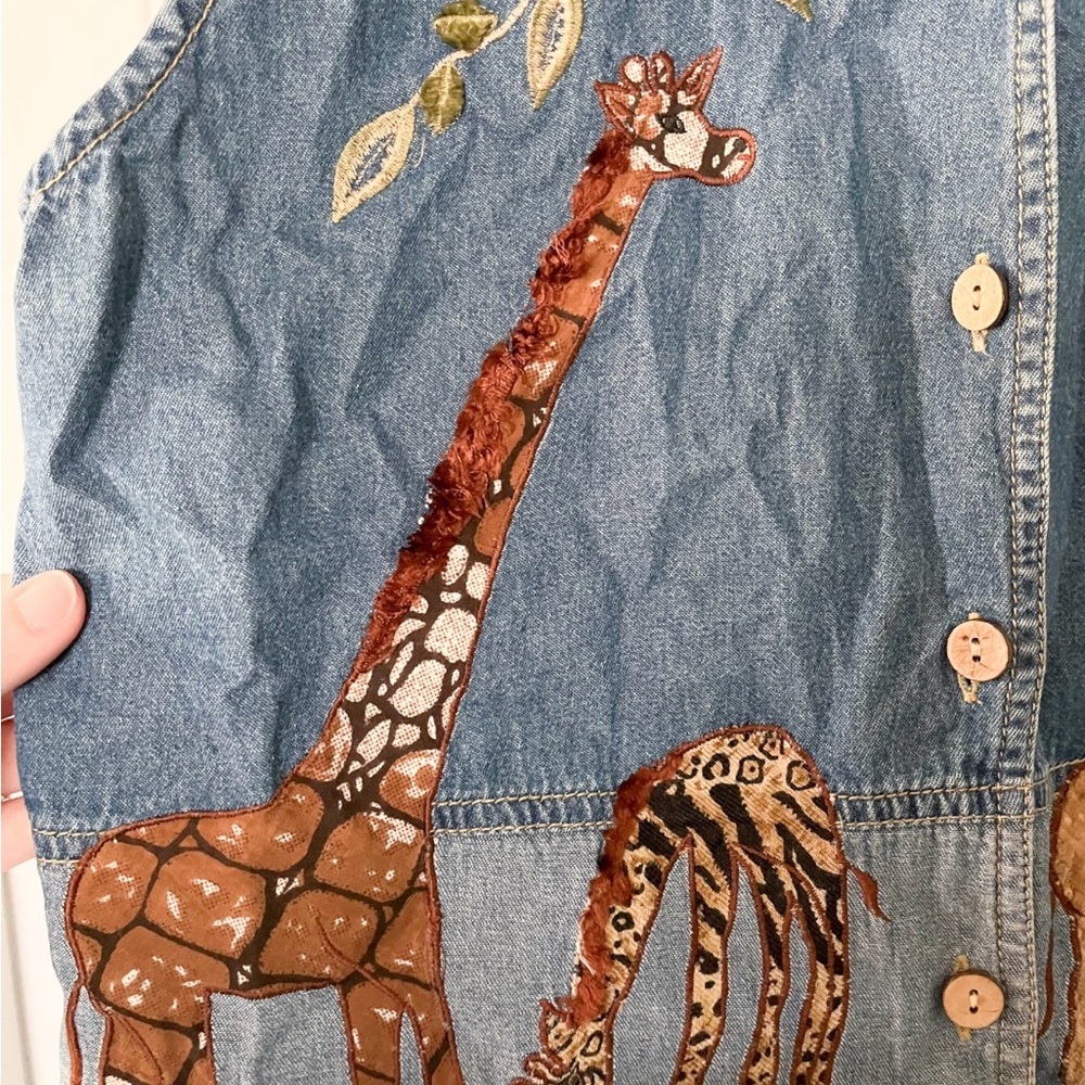 Tan Trums Denim Safari Animal Print Embroidered Giraffe Zebra Vest Women Large - Picture 4 of 4